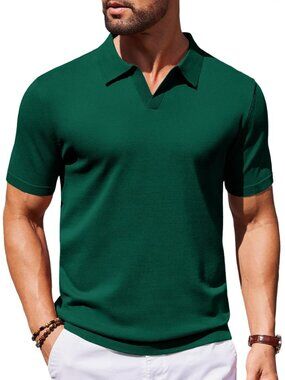 Women's Green V-Neck Short Sleeve Stretch Knit Polo Shirt Top